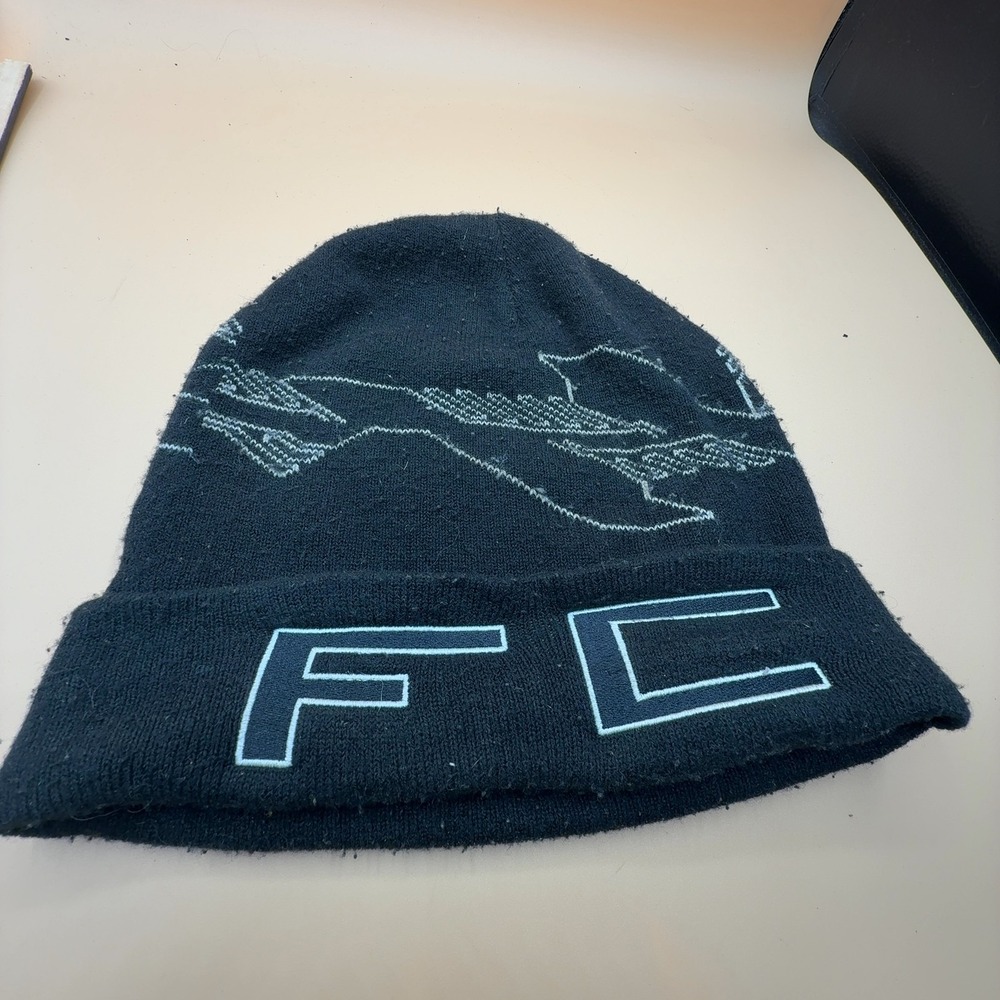 FC Knit Beanie Hat Black Light Blue Bird Graphic One Size